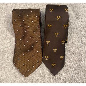 Lot of 2 Vintage neckties- Gold and Brown- Tennis Racket Pattern and Squares- M.